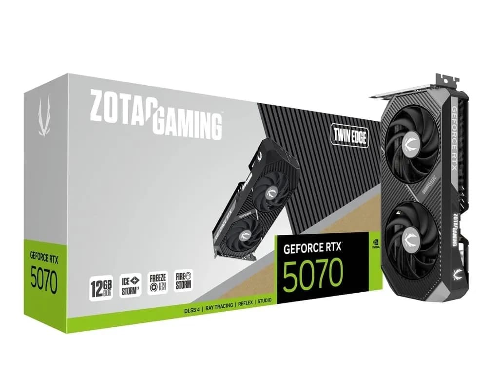 ZOTAC GAMING GeForce RTX 5070 Twin Edge 12GB GDDR7 192-bit Engine Clock 2512MHz, Memory Speed 28000MHz, NVIDIA DLSS 4, Metal Backplate, DirectX 12, OpenGL 4.6, IceStorm 2.0 Cooling, FireStorm, FREEZE Fan Stop, BladeLink Fans, HDCP 3x DisplayPort 1x HDMI, White LED Lighting [ZT-B50700E-10P]