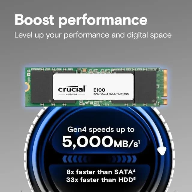 Crucial E100 2TB PCIe NVMe Gen4x4 M.2 2280, RW Speed up to 5000/4500 MB/s, [CT2000E100SSD8]