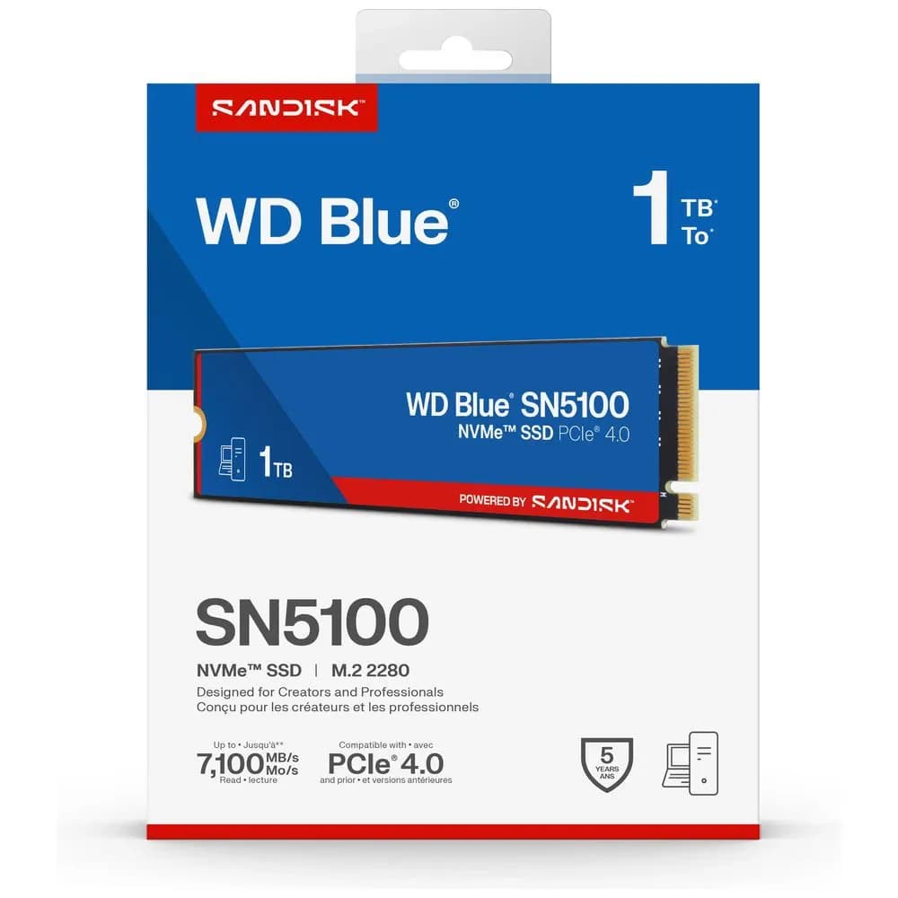 Western Digital BLUE SN5100 1TB PCIe NVMe Gen4x4 M.2 2280, RW Speed up to 7100/6700 MB/s, Expansion for PS5, Gaming Console, [WDS100T5B0E]