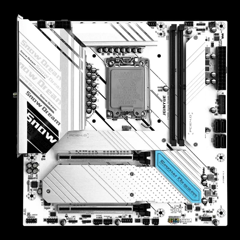 Материнская плата JGINYUE Z790M SNOW DREAM D5 (LGA1700, Z790M, 2DDR5, 2xPCI-Ex16, PCI-Ex1, 4xM.2,4SATA,10USB,HDMI,DP,WiFi,ATX)