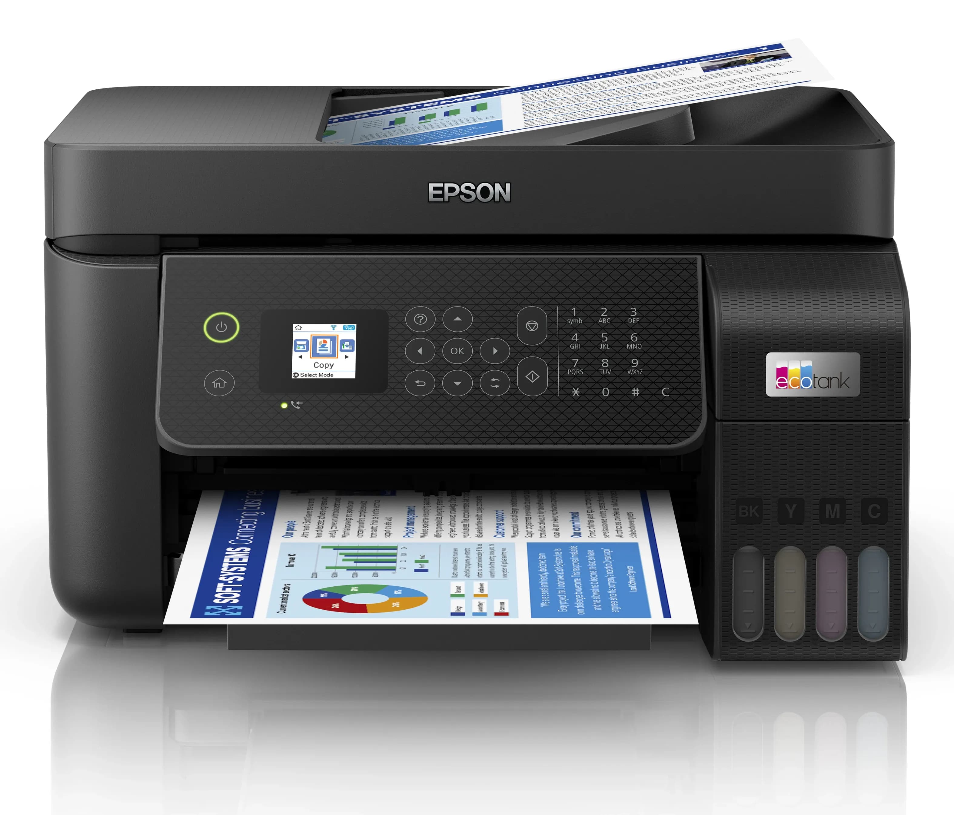 МФУ струйное Epson L5290 (A4, СНПЧ, Принтер, Копир, Сканнер, Факс, 33/15ppm, 5760x1440 dpi, 1200x2400dpi сканнер, ADF, WiFi, Ethernet, 4-х цветное, Черный)