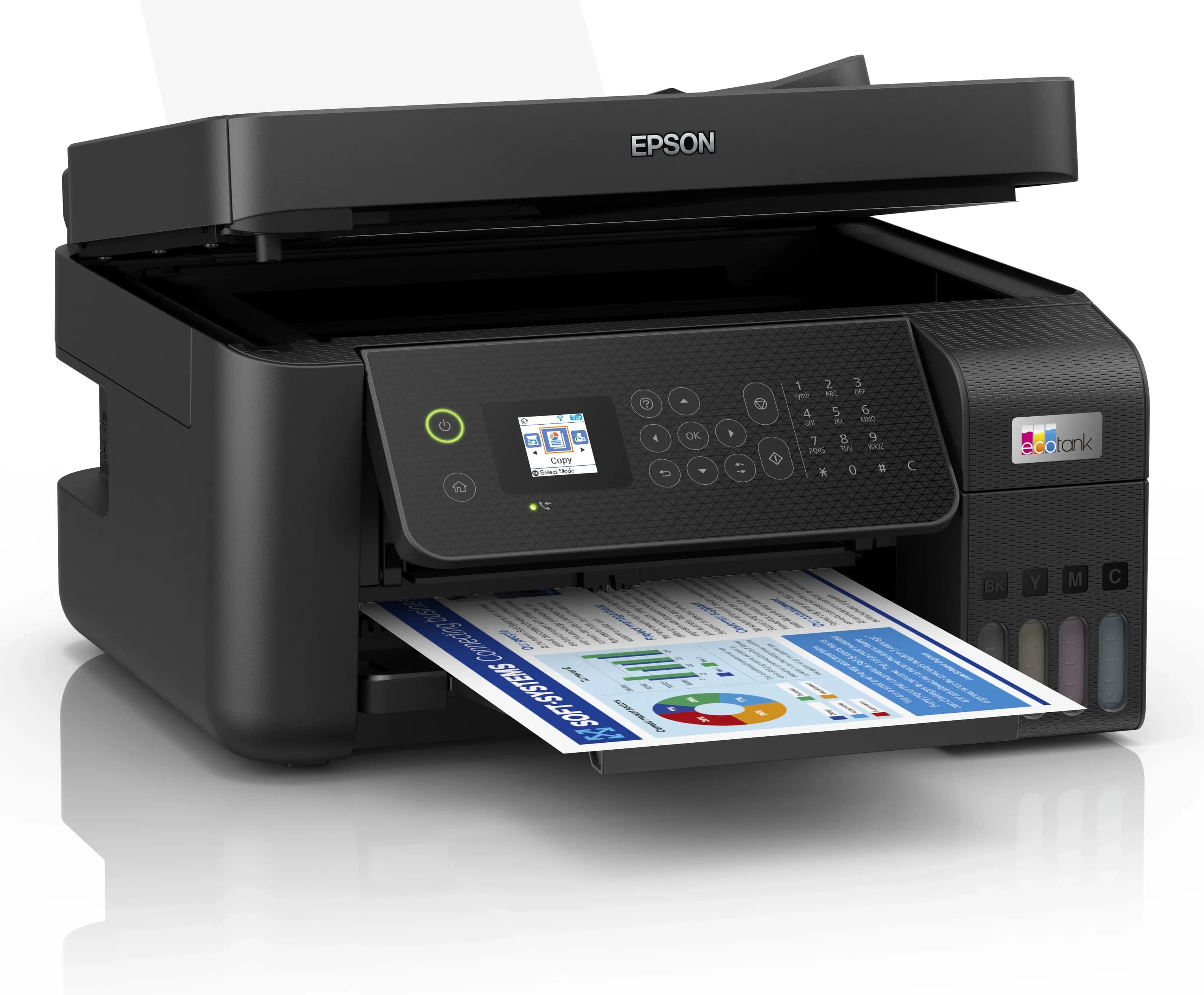 МФУ струйное Epson L5290 (A4, СНПЧ, Принтер, Копир, Сканнер, Факс, 33/15ppm, 5760x1440 dpi, 1200x2400dpi сканнер, ADF, WiFi, Ethernet, 4-х цветное, Черный)