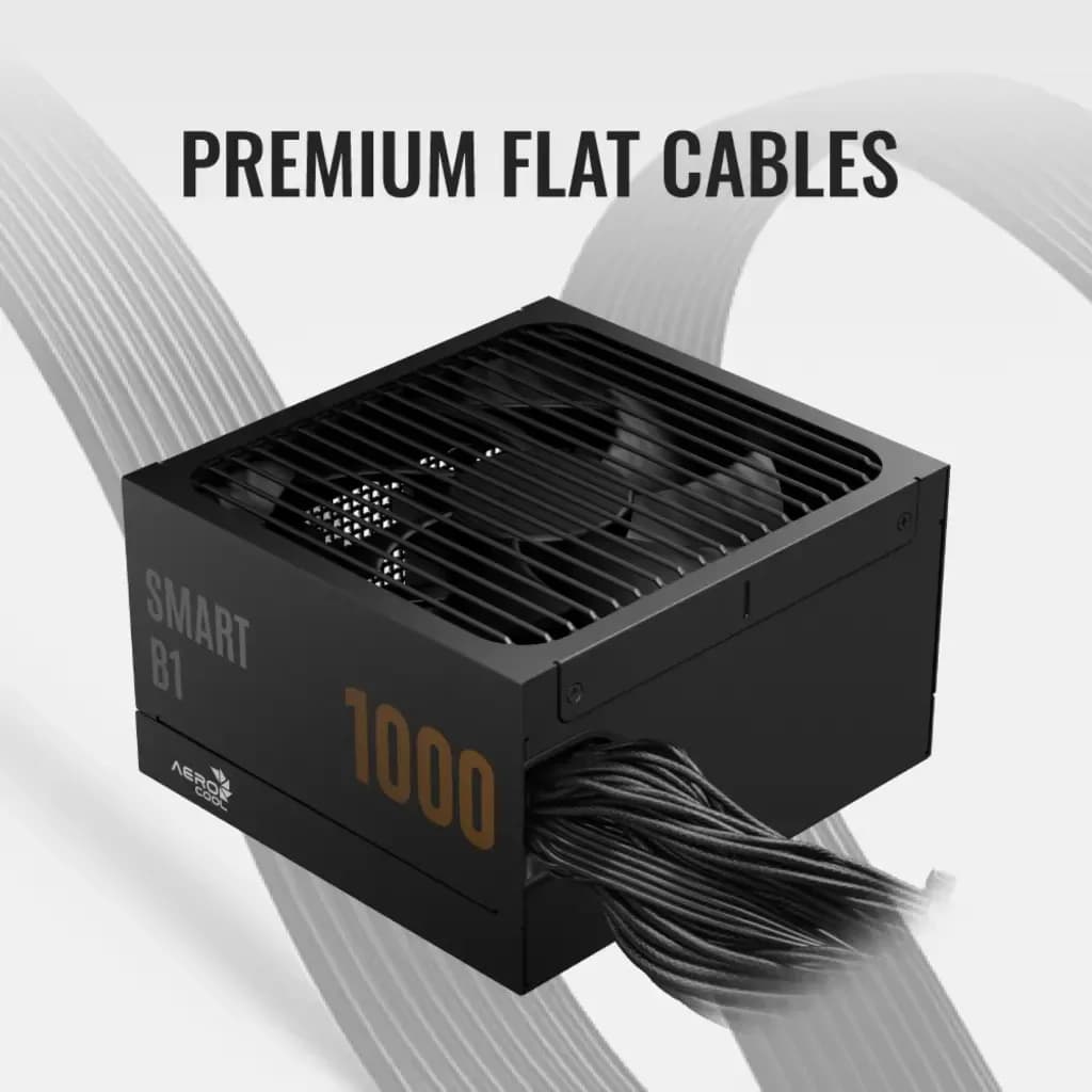 Блок питания 1000W Aerocool SMART B1 1000,1000W, ATX, 80 PLUS Bronze, 20+4 pin, 8pin, 4+4pin,8*Sata, 6*Molex, 6*PCI-E 6+2 pin, Вентилятор 13.5см, Кабель питания, Черный