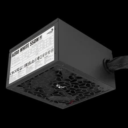 Блок питания 550W Aerocool AERO WHITE 550W, ATX, APFC, 80Plus Bronze, 20+4 pin, 4+4pin, 5*Sata, 3*Molex, 2*PCI-E 6+2 pin, Вентилятор 12 см, Кабель питания, Черный