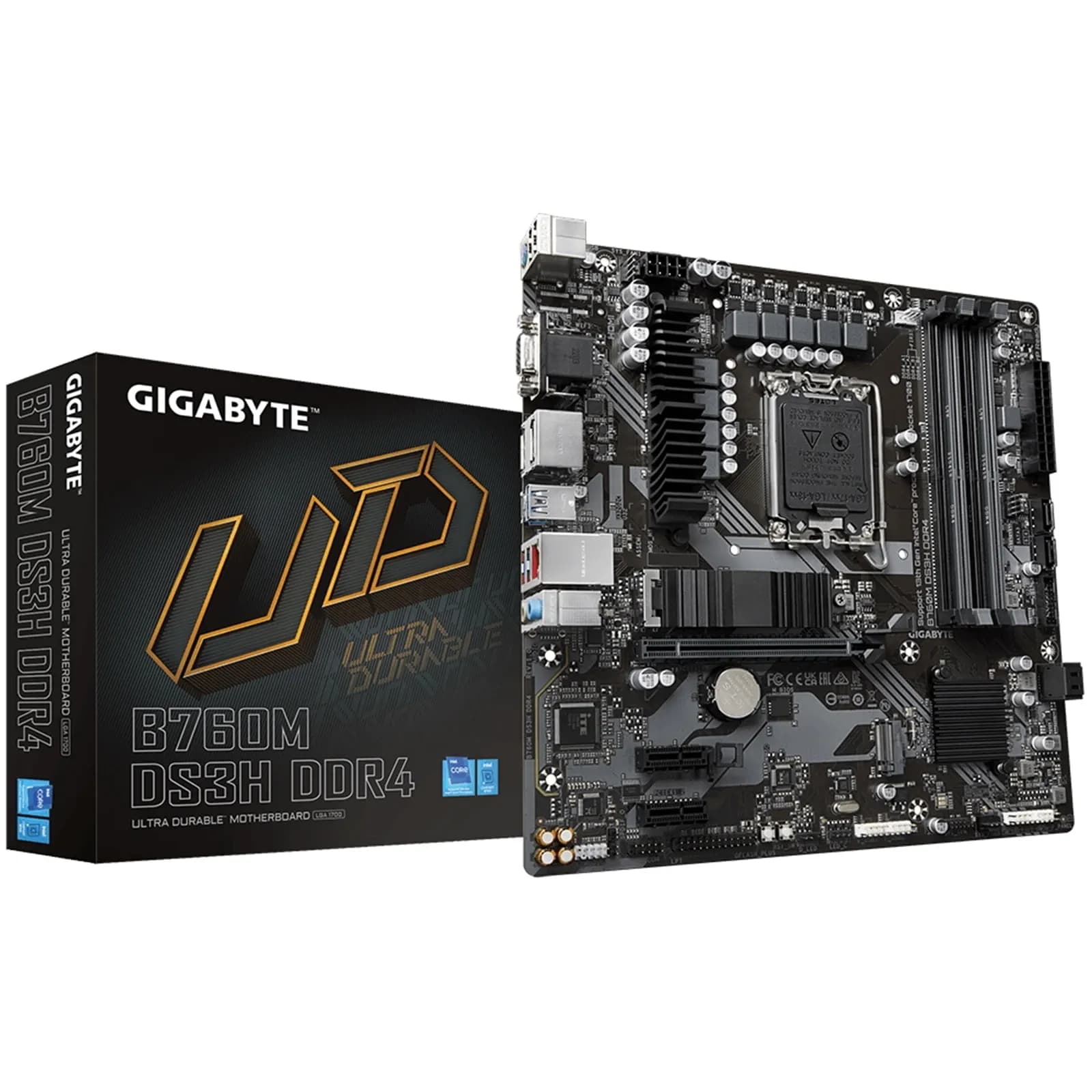 Матплата Gigabyte B760M DS3H DDR4, LGA1700, Intel B760, 4xDDR4 PC42600, 1xPCI-E 3.0x16, 2xPCI-E 3.0x1, Sound8Ch, GLAN, 4SATA+2M.2, RAID, mATX, 6USB3.2+6USB2.0, VGA, HDMI, 2xDP