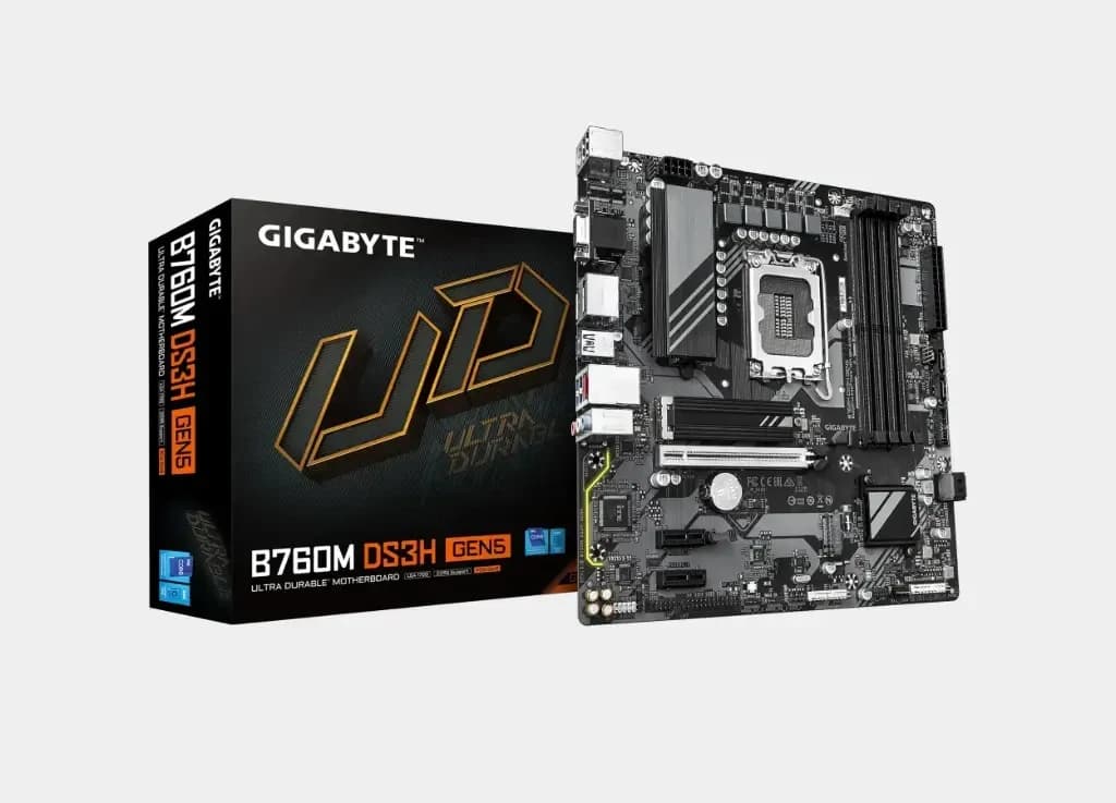 Матплата Gigabyte B760M DS3H GEN5, LGA1700, Intel B760, 4xDDR5 PC60800, 3xPCI-E 3.0-5.0x16, Sound8Ch, GLAN, 4SATA+2M.2, RAID, mATX, 6USB3.2+6USB2.0, VGA, HDMI, 2xDP - T