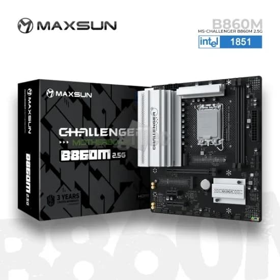 Матплата MAXSUN MS-Challenger B860M 2.5G, LGA1851, Intel B860, 2xDDR5, 1xPCI-E 5.0x16, 1xPCI-E 1.0x4, 1xPCI-E 1.0x1, Sound8Ch, GLAN, 2SATA+2M.2, RAID, mATX, 6USB3.2+6USB2.0, HDMI, DP, WiFi