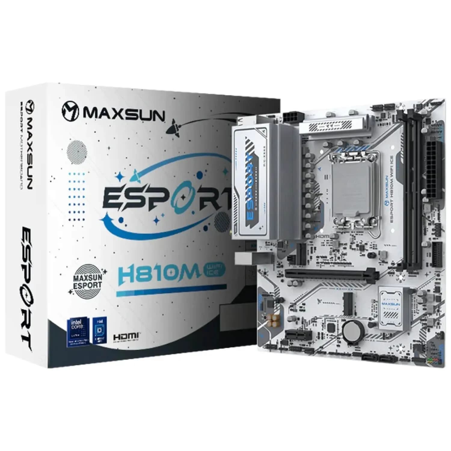 Матплата MAXSUN MS-eSport H810M WIFI ICE, LGA1851, Intel H810, 2xDDR5, 1xPCI-E16X, 1xPCI-E1x, Sound8Ch, GBLAN, 2SATA+2M.2, mATX, 4USB5G+5USB2.0+1xUSB4 40G, HDMI, DP