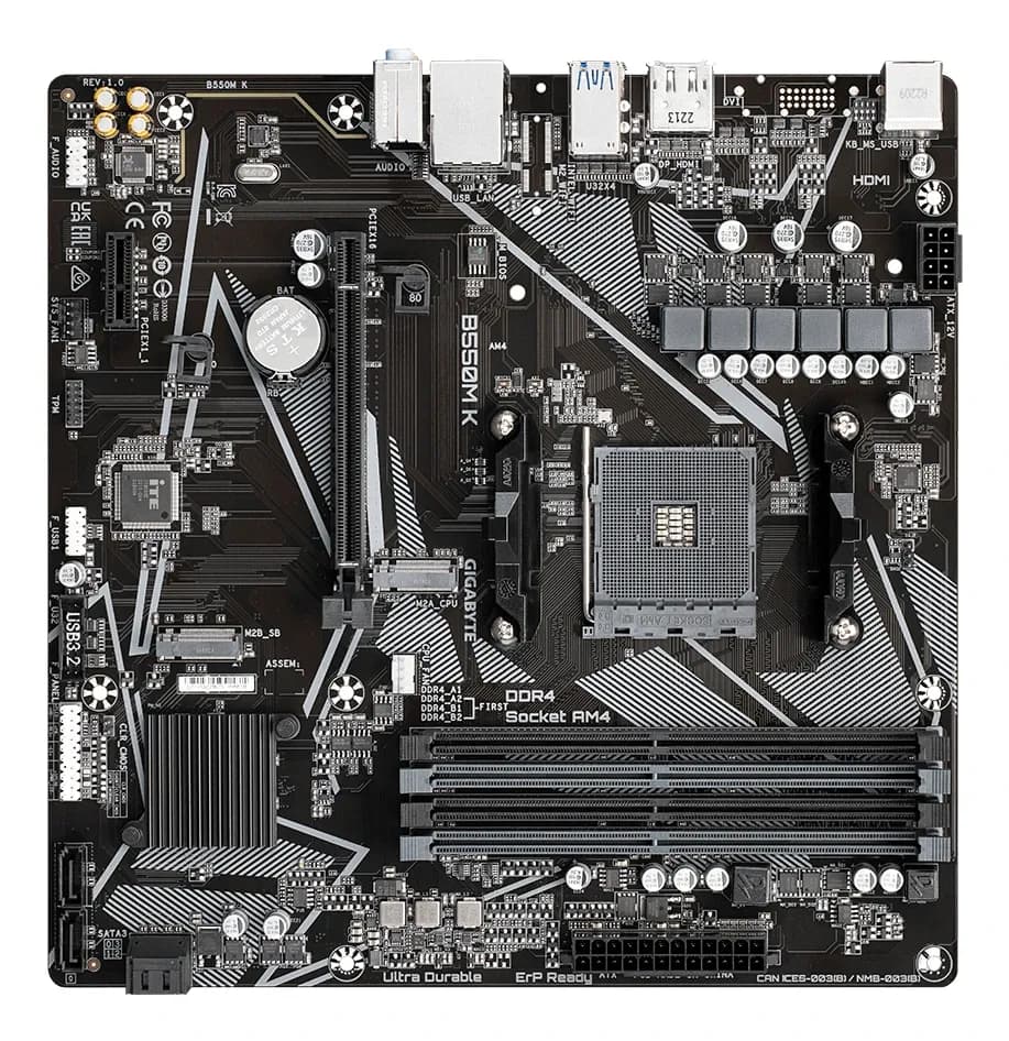Материнская плата AM4 Gigabyte B550M K ,AMDB550, 4xDDR4 PC37800, 1xPCI-EX16, 1xPCI-EX1, 4xSATA+2M.2, RAID,GBLAN, Sound7.1, mATX, 6xUSB2.0, 6xUSB3.2, HDMI, DP