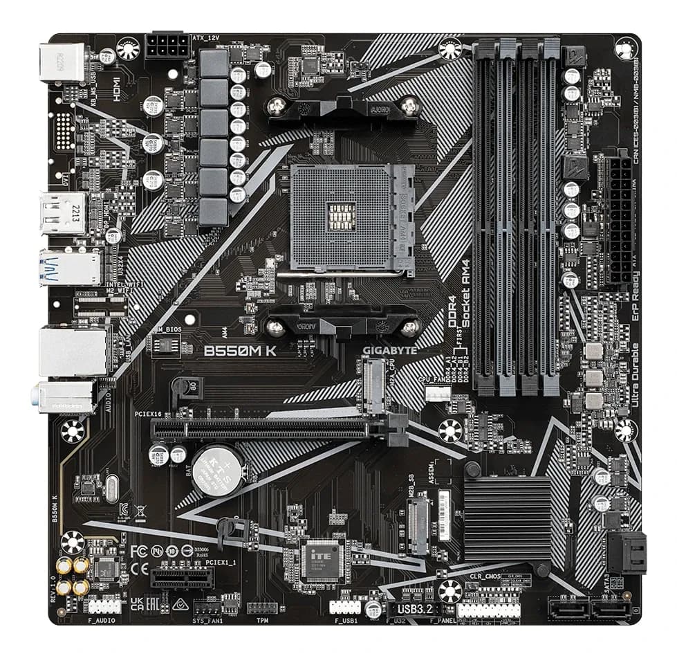 Материнская плата AM4 Gigabyte B550M K ,AMDB550, 4xDDR4 PC37800, 1xPCI-EX16, 1xPCI-EX1, 4xSATA+2M.2, RAID,GBLAN, Sound7.1, mATX, 6xUSB2.0, 6xUSB3.2, HDMI, DP
