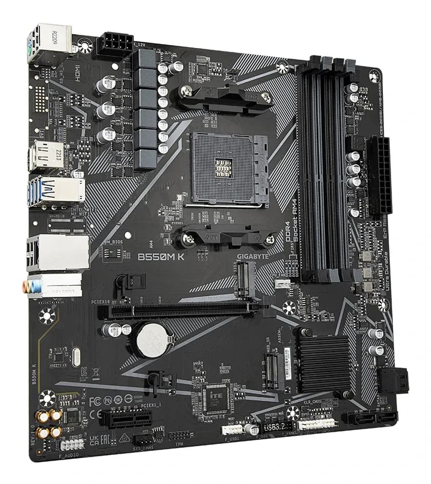 Материнская плата AM4 Gigabyte B550M K ,AMDB550, 4xDDR4 PC37800, 1xPCI-EX16, 1xPCI-EX1, 4xSATA+2M.2, RAID,GBLAN, Sound7.1, mATX, 6xUSB2.0, 6xUSB3.2, HDMI, DP